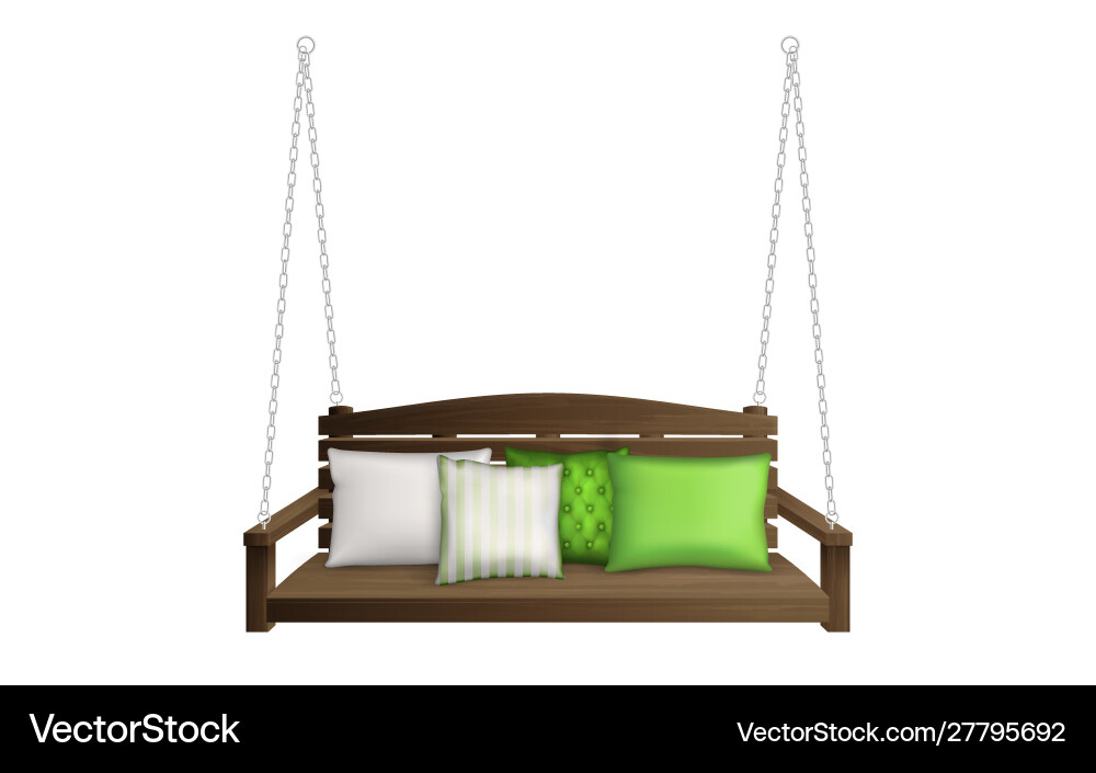 Wooden porch swing bench on ropes with pillows Wooden porch swing bench on ropes with pillows vector image
