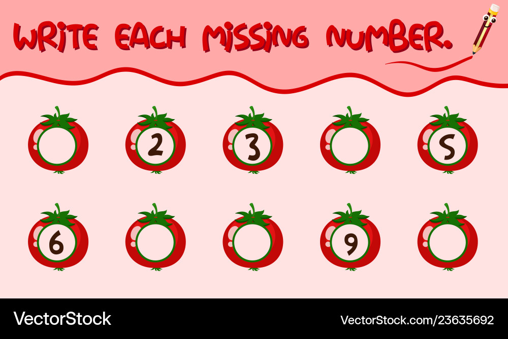 Write each missing number worksheet vector image