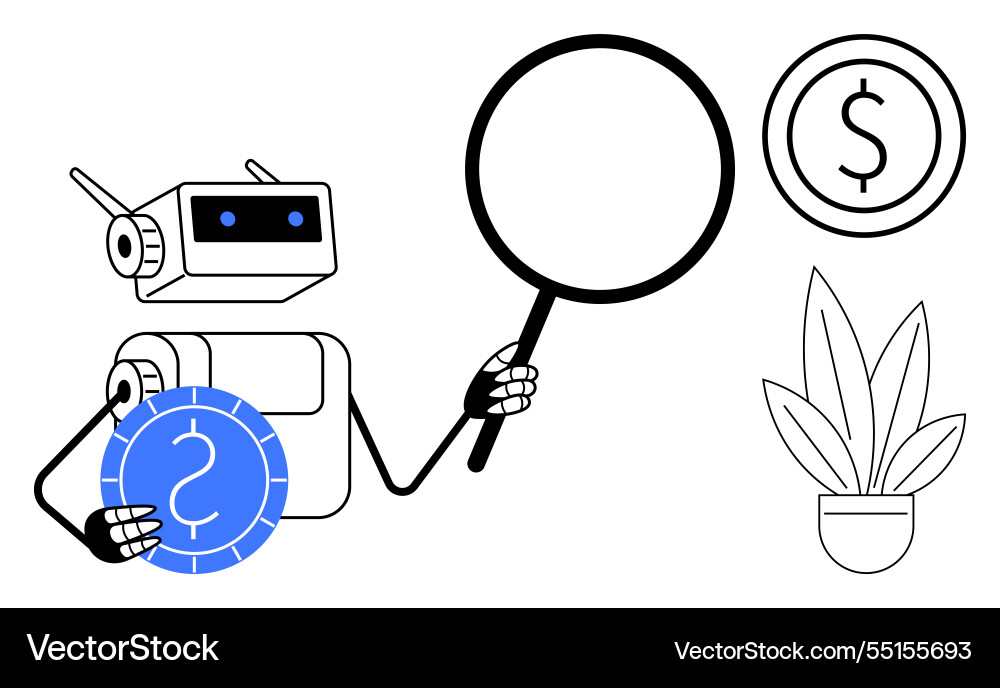 Robot analyzing financial data with magnifying Vector Image