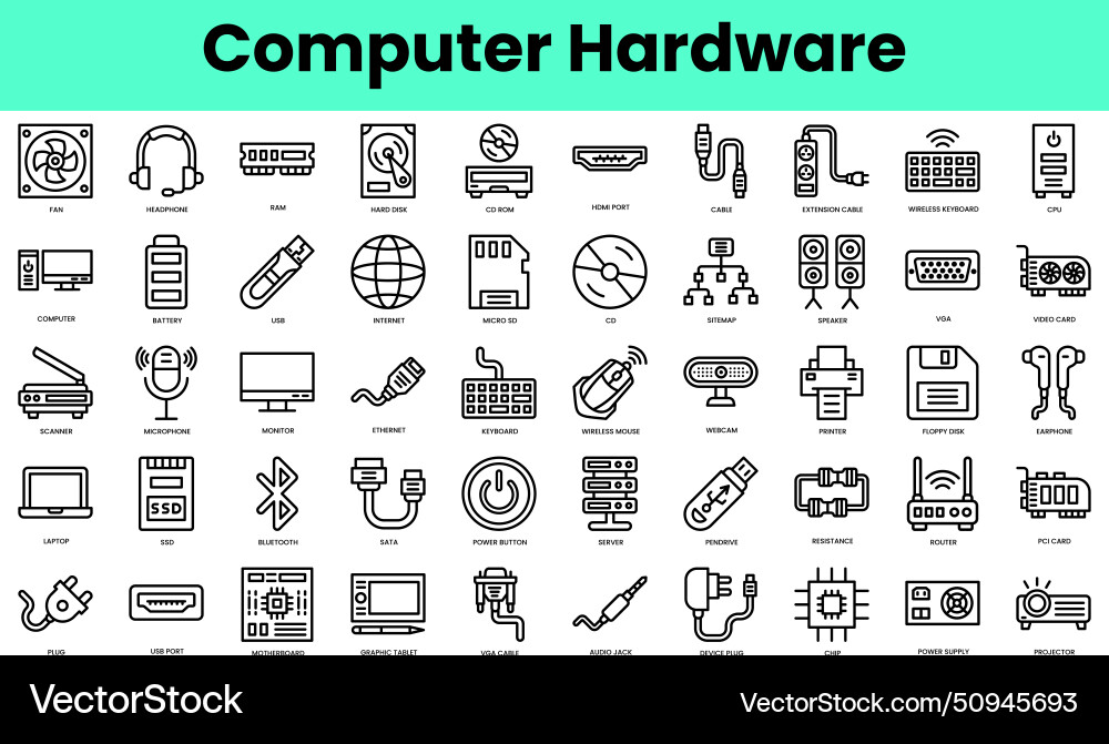 Set of computer hardware icons linear style icon Set of computer hardware icons linear style icon vector image