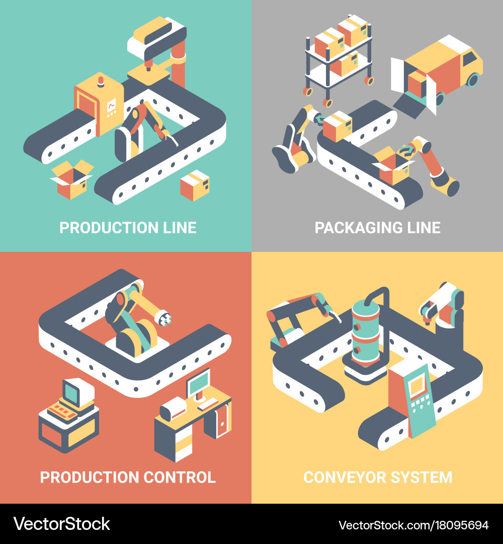 Conveyor flat isometric poster set Royalty Free Vector Image