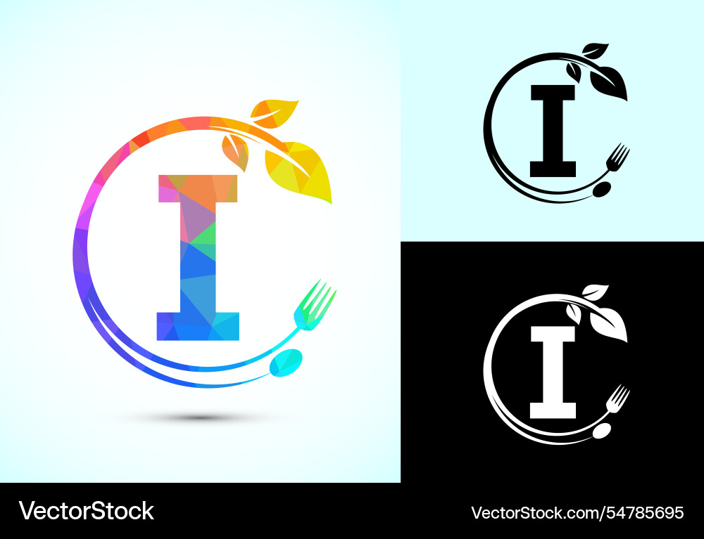 Initial alphabet i with a fork spoon and leaf Vector Image