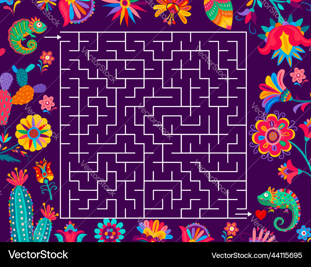 Labyrinth maze game with mexican chameleon flower Labyrinth maze game with mexican chameleon flower vector image