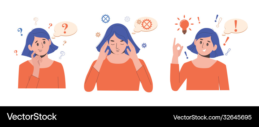 Problem solving concept woman thinks and solves Problem solving concept woman thinks and solves vector image