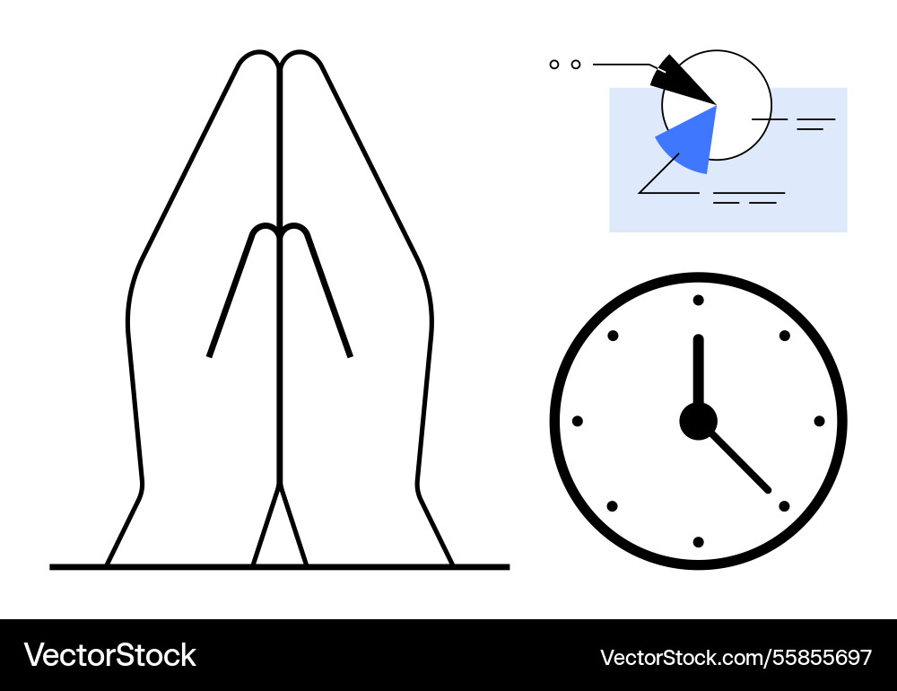 Hands praying with a clock and graph symbolizing Hands praying with a clock and graph symbolizing vector image