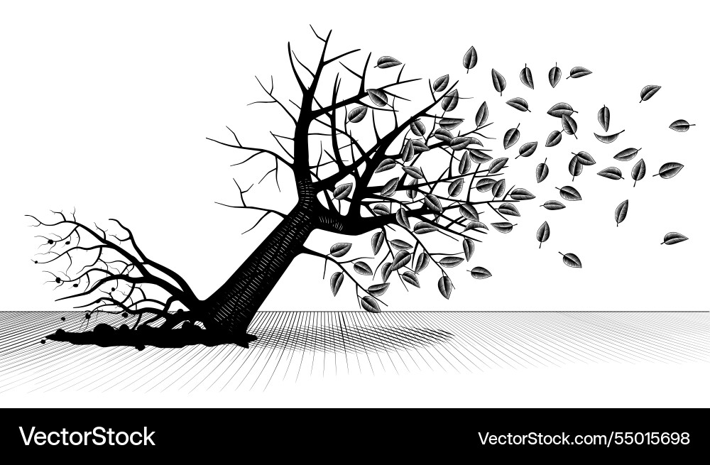 Uprooted and fallen tree with leaves flying away Uprooted and fallen tree with leaves flying away vector image