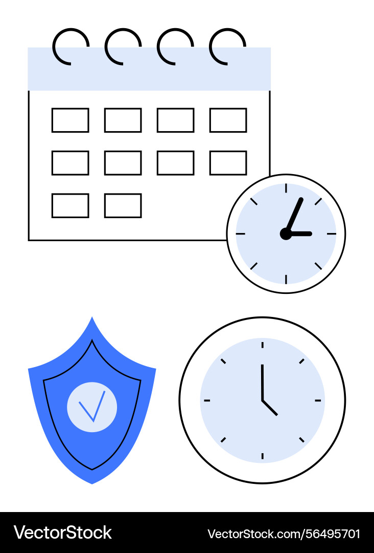 Calendar with clocks and shield symbolizing time Calendar with clocks and shield symbolizing time vector image
