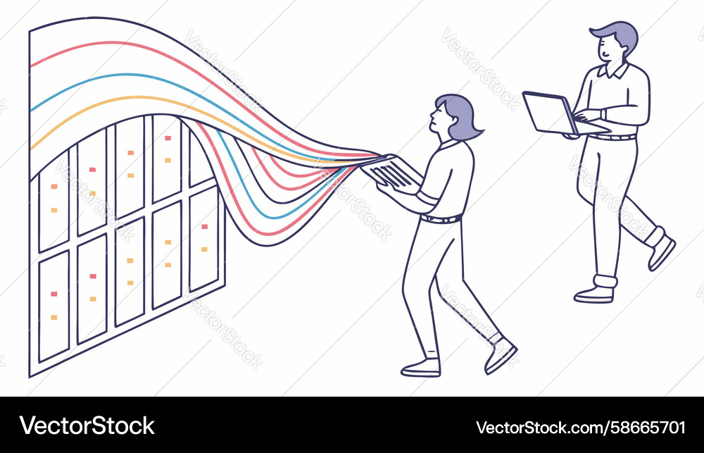Tech professionals managing server racks in data Vector Image