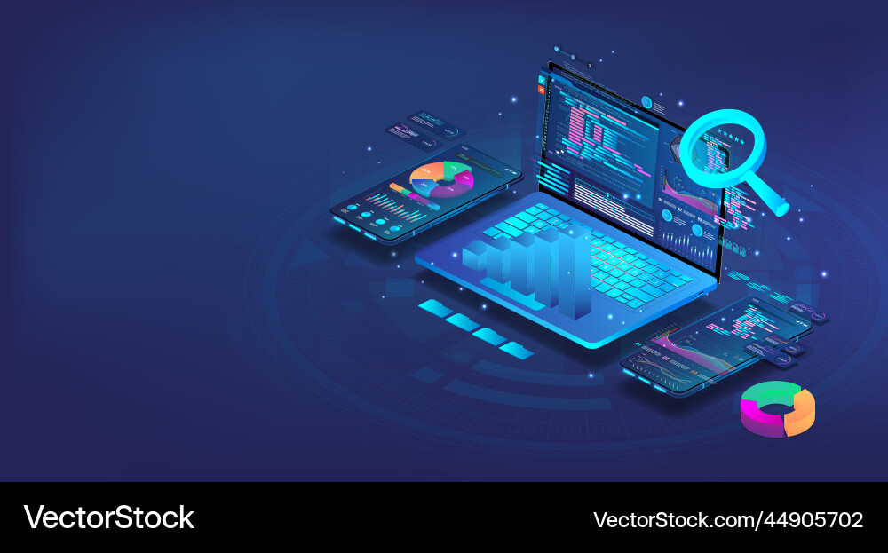 3d data analytics on different devices phone 3d data analytics on different devices phone vector image