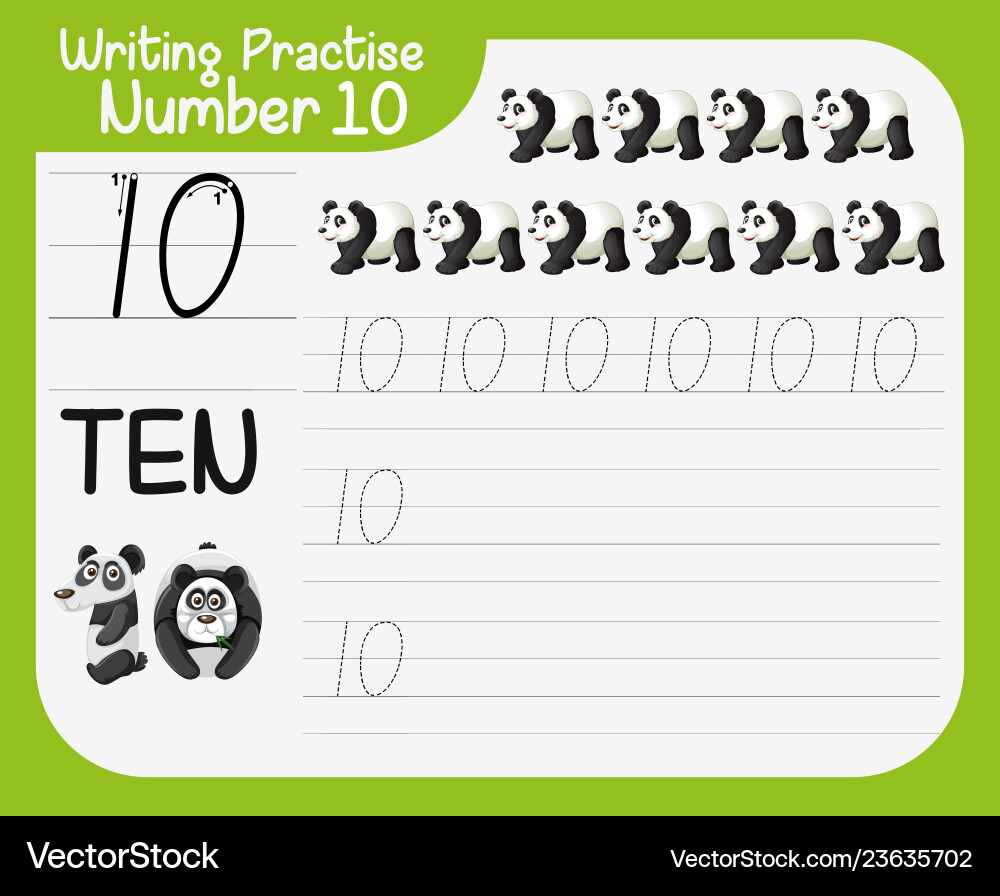 How to write number ten worksheet How to write number ten worksheet vector image