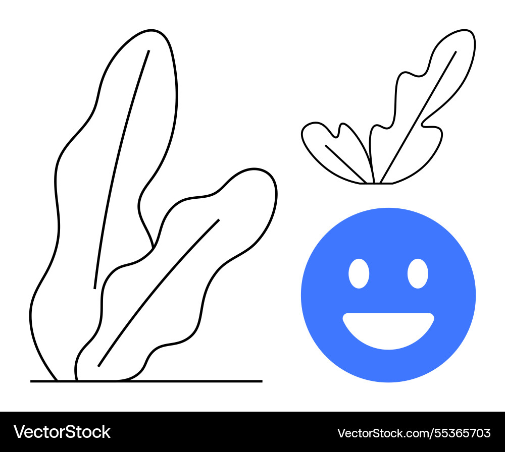 Smiling face with floating leaves representing joy Smiling face with floating leaves representing joy Vector Image