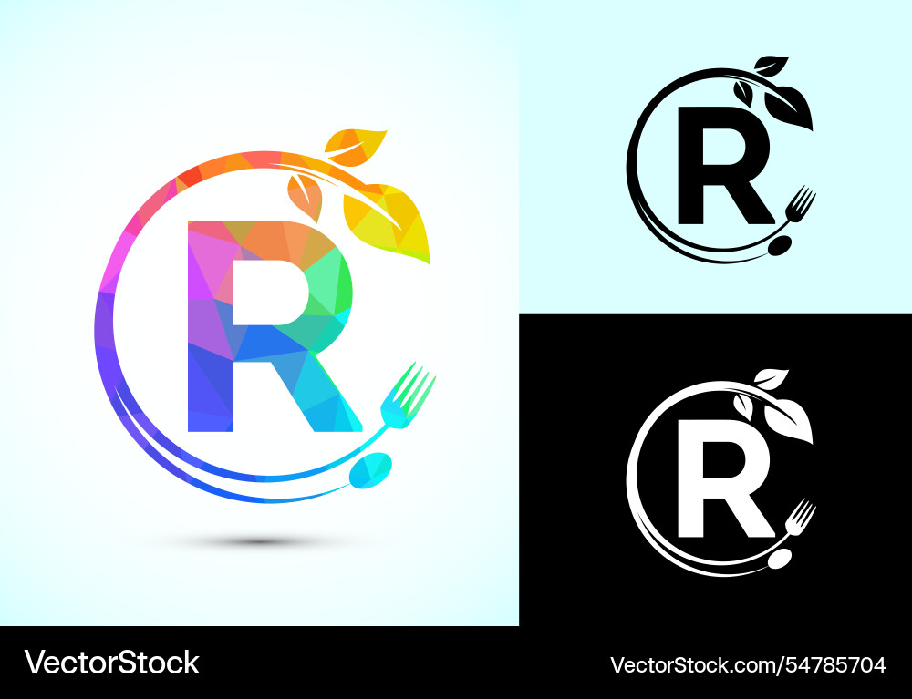 Initial alphabet r with a fork spoon and leaf Vector Image