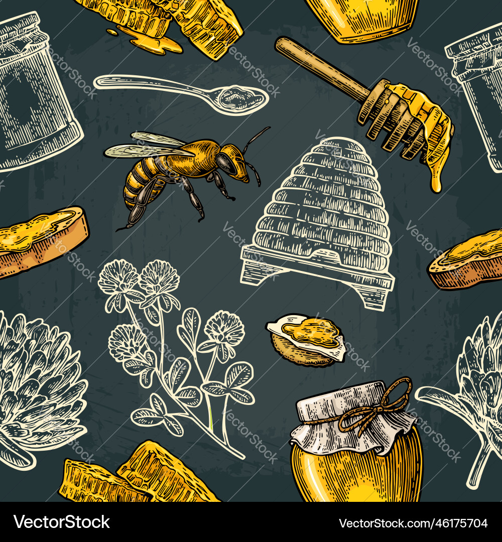 Seamless pattern with honey bee hive clover Seamless pattern with honey bee hive clover vector image