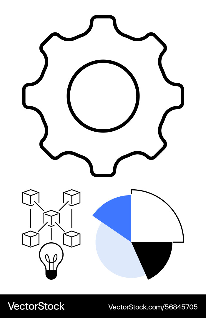 Gear pie chart network structure and lightbulb Gear pie chart network structure and lightbulb vector image