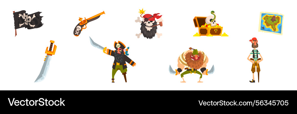 Pirate and corsair object element set Pirate and corsair object element set vector image