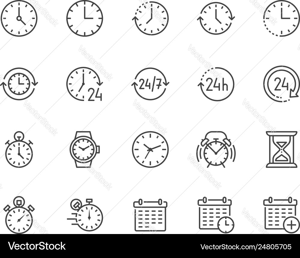 Time Flat Line Icons - Clock & Timer Set vector image