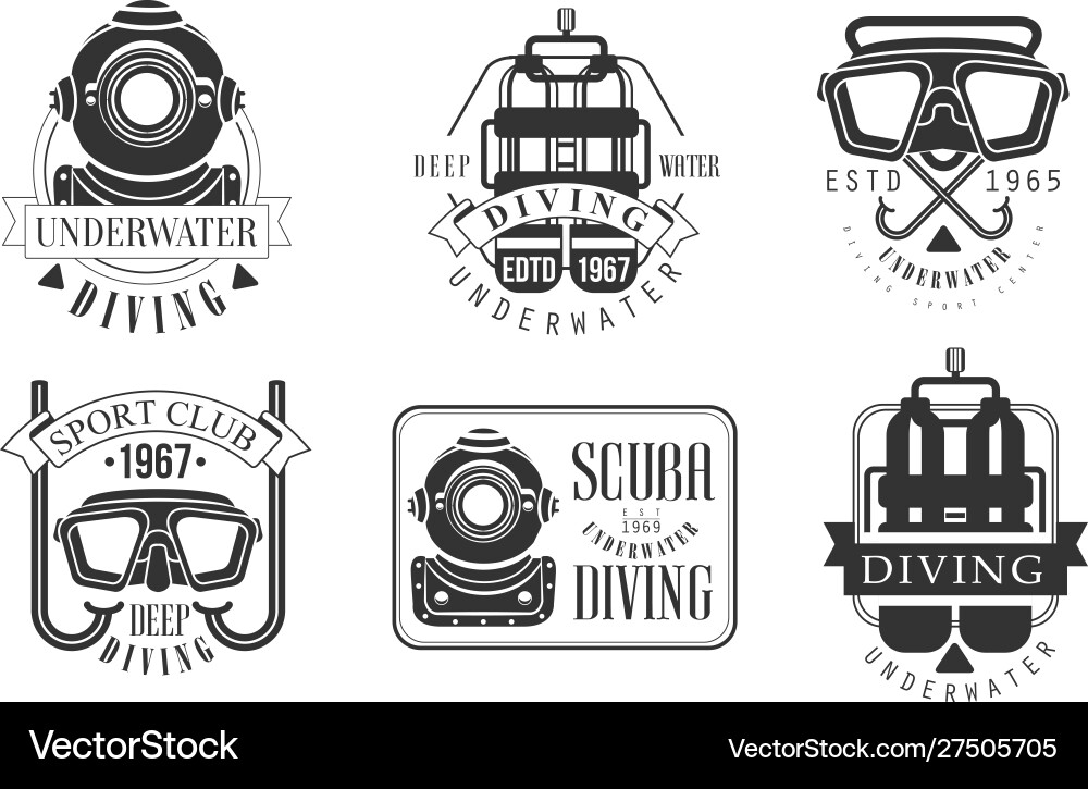 Underwater diving retro logo templates set deep Underwater diving retro logo templates set deep vector image