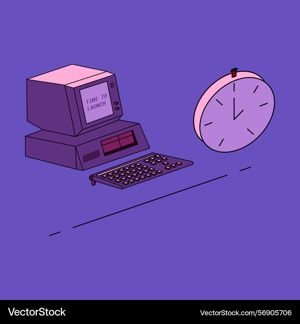 2d flat of a computer and clock 2d flat of a computer and clock Vector Image