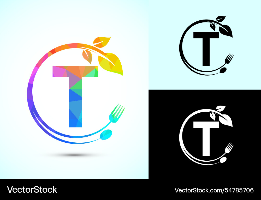 Initial alphabet t with a fork spoon and leaf vector image