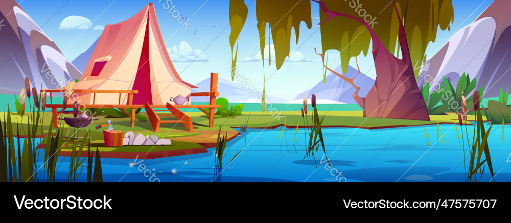 Mountain camp with tent on lake island vector image