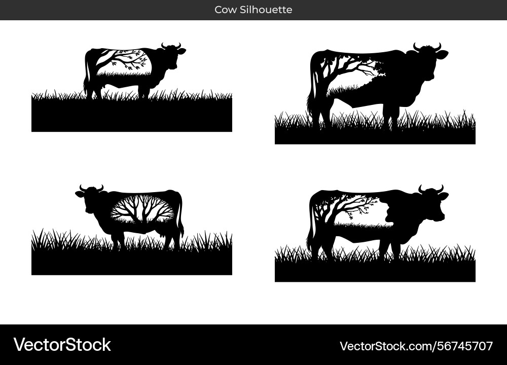 Silhouetted cows grazing in fields with tree Vector Image