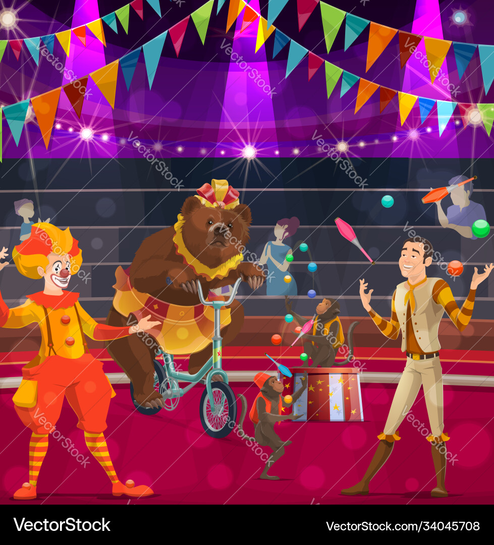 Circus performers poster clown bear and tamer Circus performers poster clown bear and tamer vector image