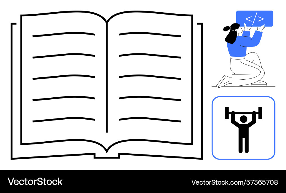 Open book with coding and weightlifting icons Open book with coding and weightlifting icons vector image