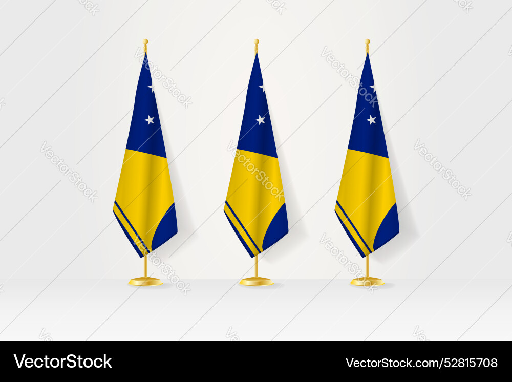 Three tokelau flags in a row on golden stand Vector Image