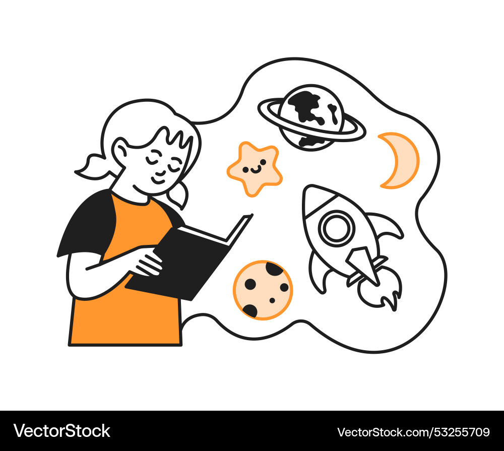 Girl reads astronomy textbook doodle line Girl reads astronomy textbook doodle line Vector Image