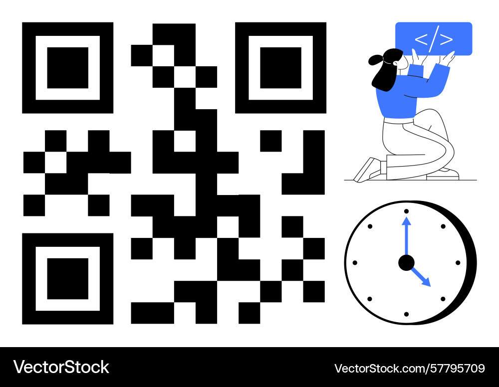 Qr code with programmer coding and clock vector image