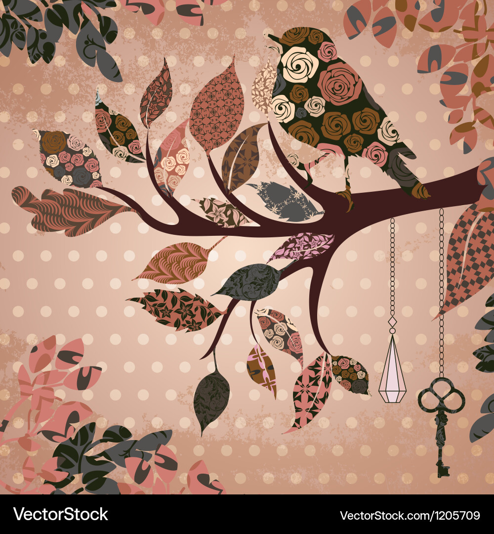 Retro background with leaves and bird of patches Vector Image