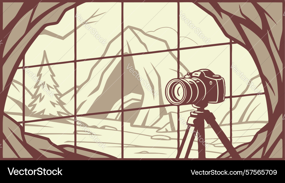Tripod camera inside an arch window Vector Image
