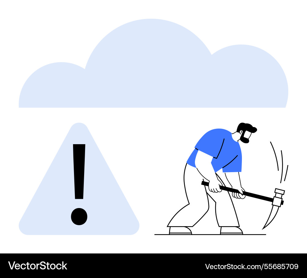Worker mining data below cloud with warning sign Worker mining data below cloud with warning sign vector image