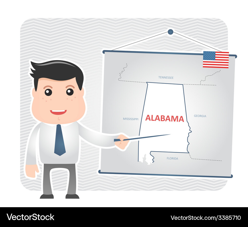 Man with a pointer points to map of alabama Vector Image