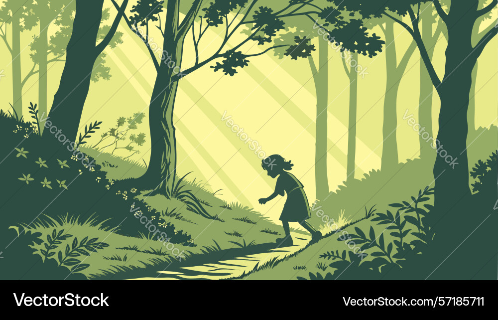 Child walking through a mysterious deep forest vector image