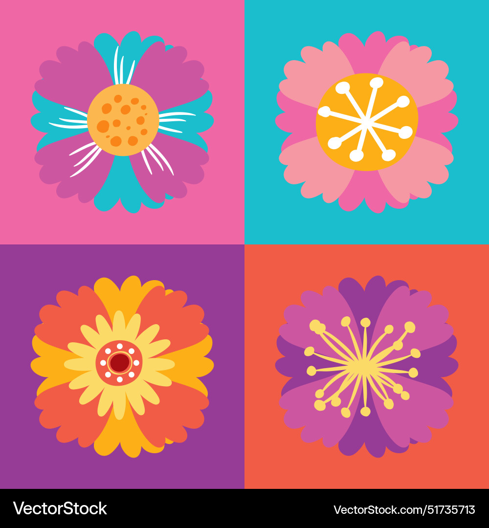 Four vibrant flowers in a grid layout Royalty Free Vector