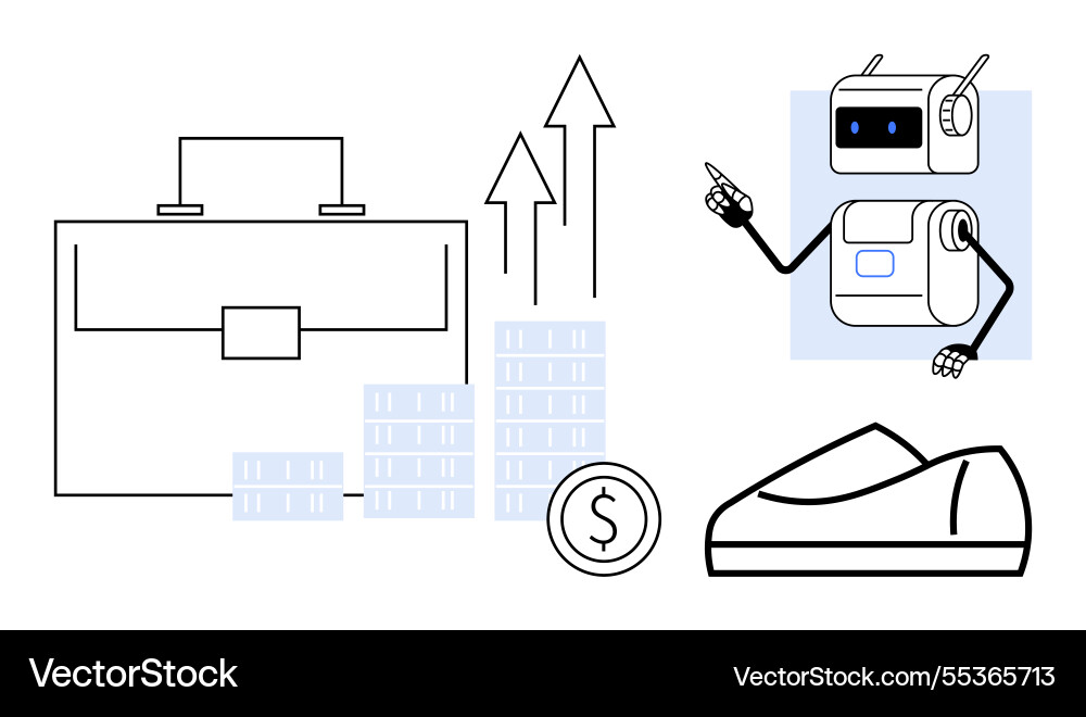 Robot pointing at charts with upward arrows Robot pointing at charts with upward arrows vector image