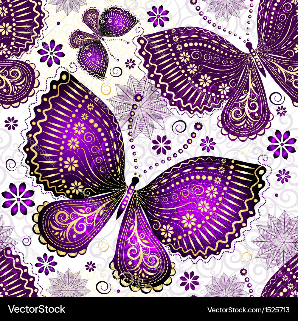 Violet & Gold Butterfly Floral Pattern Vector Image