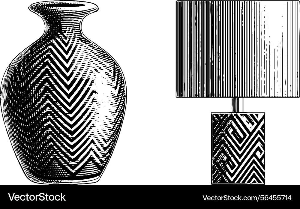 Engraved zigzag patterns on vase and lampshade vector image