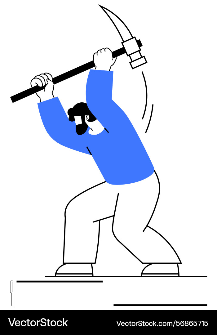 Worker strikes with pickaxe in determined motion Worker strikes with pickaxe in determined motion vector image