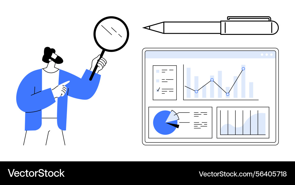 Analyst examining data insights with magnifier Analyst examining data insights with magnifier vector image