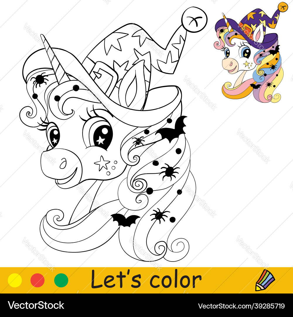 Cute unicorn head in witches hat coloring book Cute unicorn head in witches hat coloring book vector image