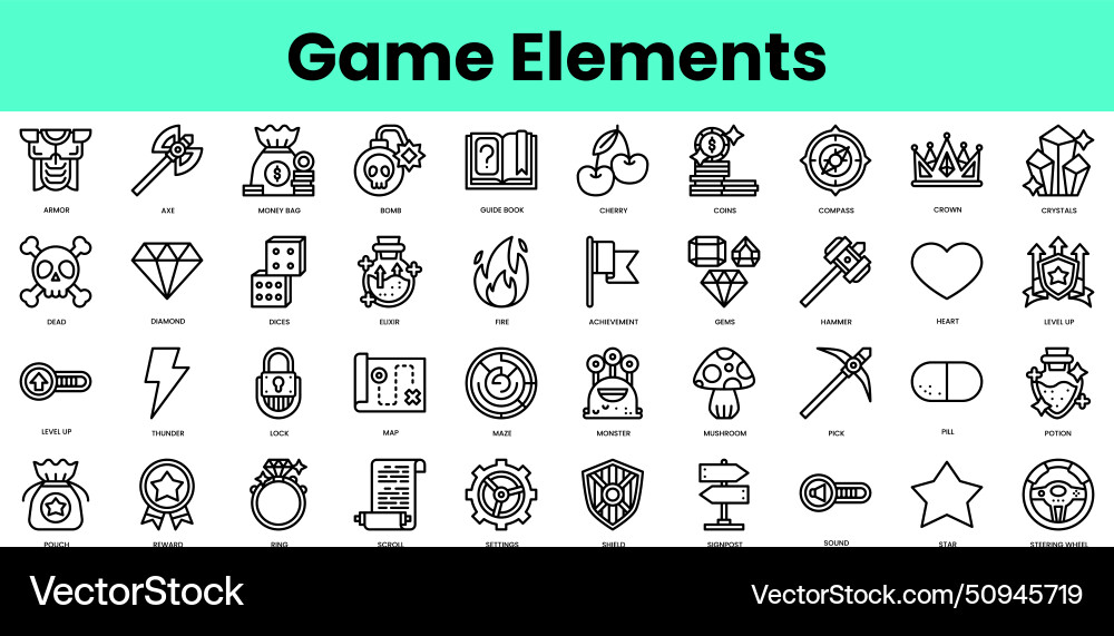 Set of game elements icons linear style icon Set of game elements icons linear style icon vector image