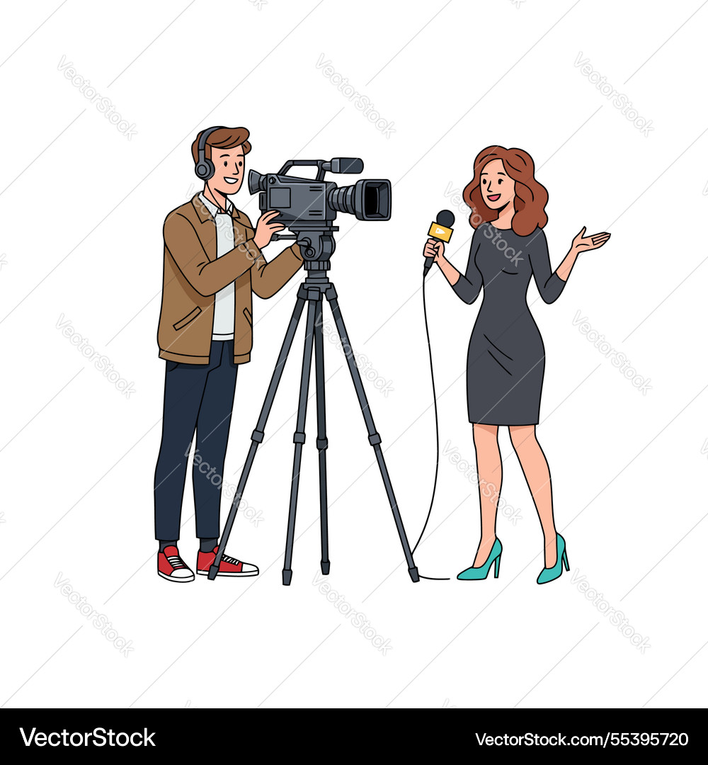 News reporting team filming interview Royalty Free Vector