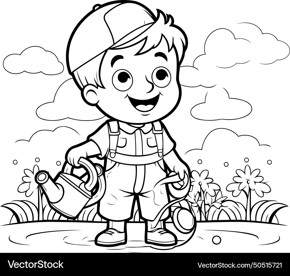 Coloring page outline of a little boy playing Vector Image