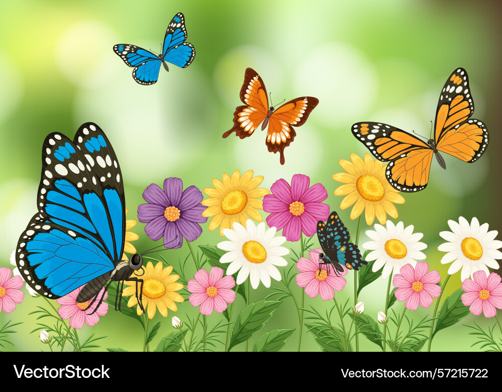 Vibrant butterflies flutter above a field Vector Image