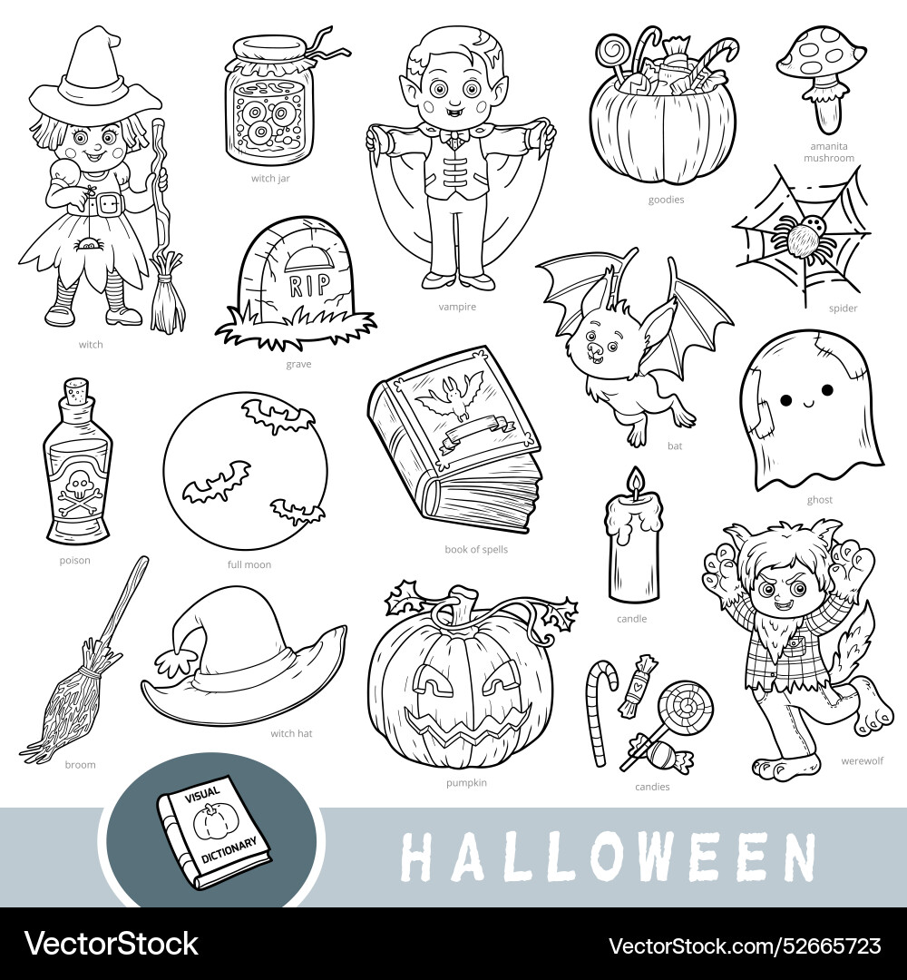 Black and white set of halloween objects visual Black and white set of halloween objects visual vector image