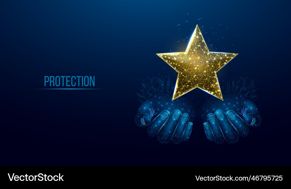 Two human hands hold a gold star wireframe vector image