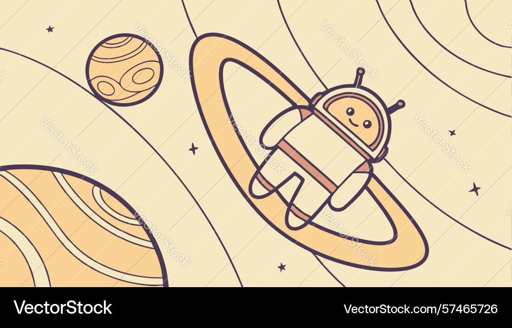 Android robot orbiting planet in space graphic vector image