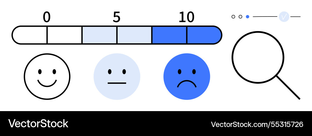 Emotion scale with happy faces and magnifying Emotion scale with happy faces and magnifying vector image